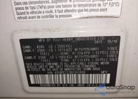 2011 Subaru Outback 2.5I Premium z USA, uszkodzony, nr VIN 4S4BRCCC5B3363896